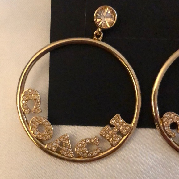 Coach Gold Tone Signature Frontal Logo Hoop Earrings Crystal Accents NWT - Picture 5 of 14